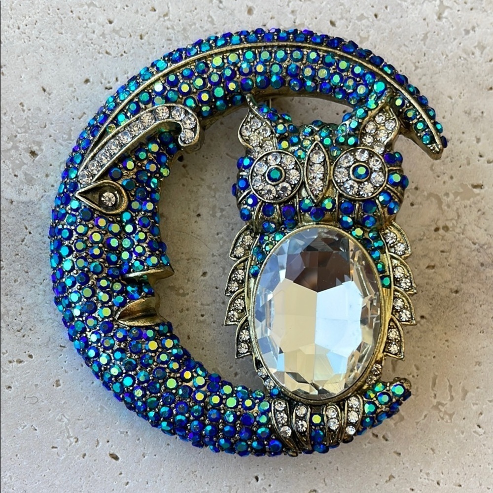 Heidi DAUS Blue and Gold Owl Moon Brooch